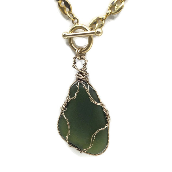 Olive Green Vintage Hampton's Sea Glass Necklace - Van Der Muffin's Jewels